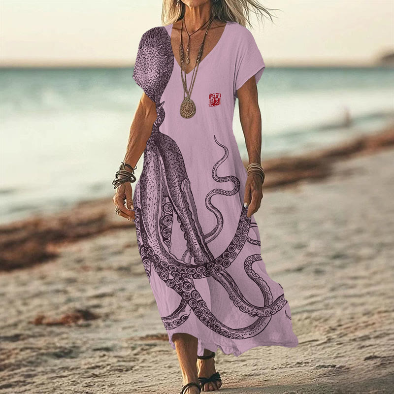 Japanese Art Octopus And Crab Print V-neck Dress - Pink - 6XL - image 2