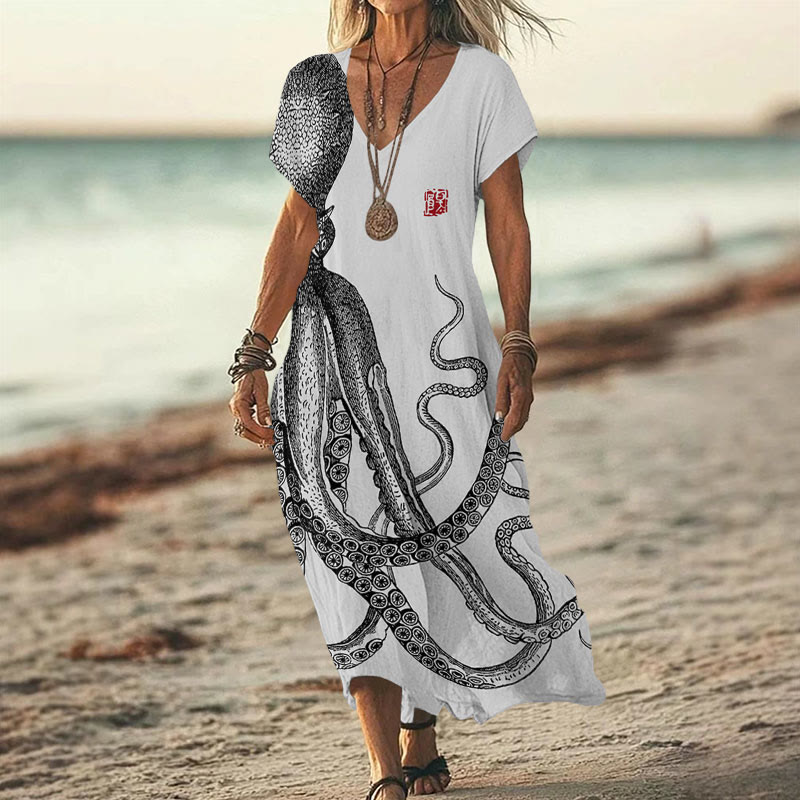 Japanese Art Octopus And Crab Print V-neck Dress - Grey - 6XL - image 4