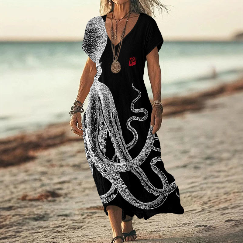 Japanese Art Octopus And Crab Print V-neck Dress - Black - 6XL - image 5