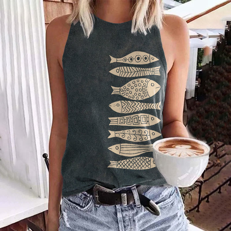 Fish Japanese Lino Art Print Crew Neck Tank Top - Black - 5XL - image 1