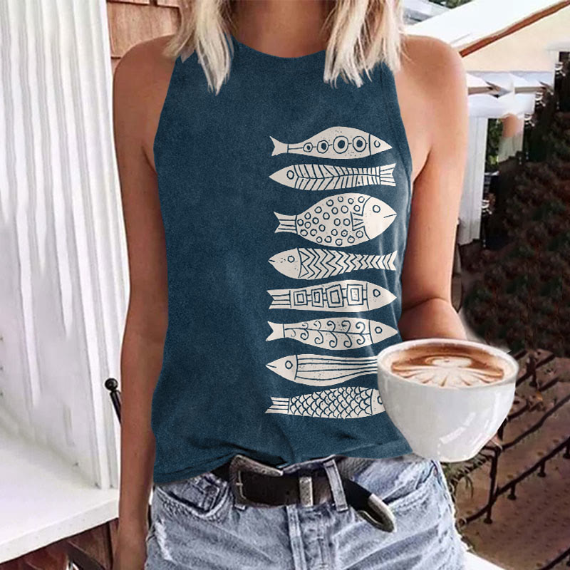 Fish Japanese Lino Art Print Crew Neck Tank Top - Dark Blue - 5XL - image 2