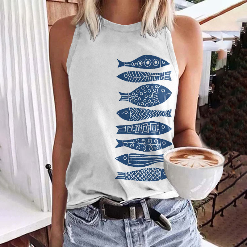 Fish Japanese Lino Art Print Crew Neck Tank Top - White - 5XL - image 3