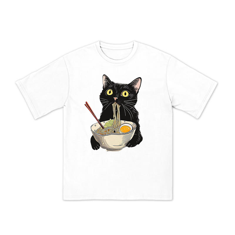 Unisex 100% Cotton Cat Eating Ramen Print T-shirt - White - US20-22(3XL) - image 1
