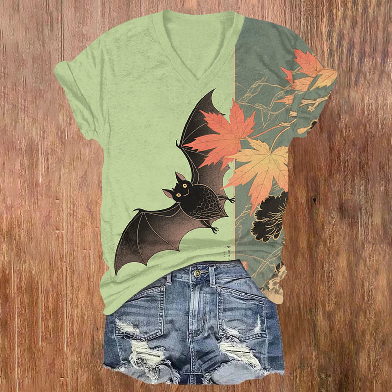 Halloween Cute Bat & Maple Leaf Art Print V-neck T-shirt - Green - US32-34(5XL) - image 2