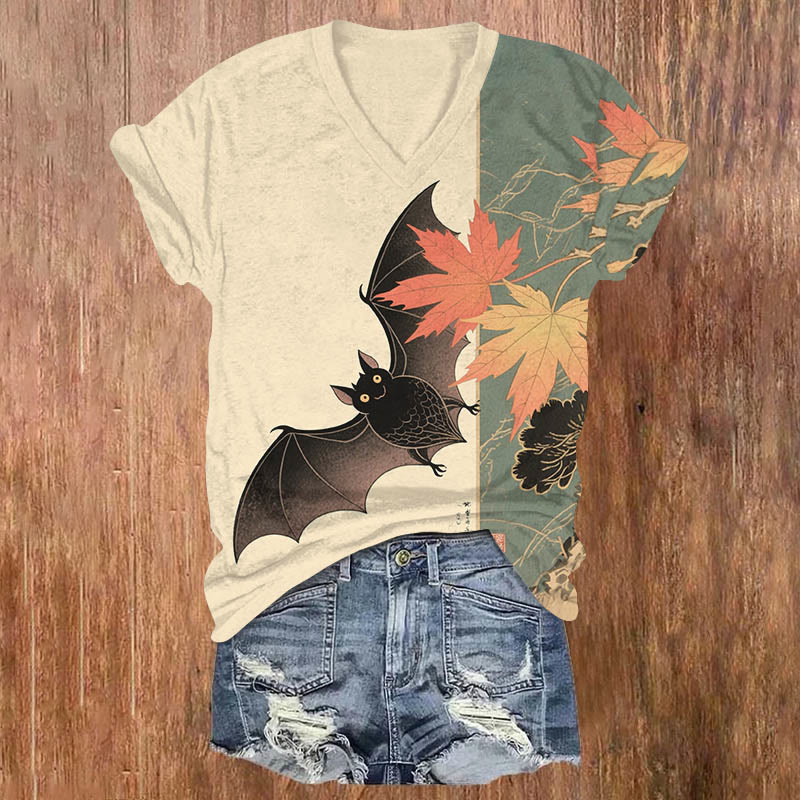 Halloween Cute Bat & Maple Leaf Art Print V-neck T-shirt - Apricot - US32-34(5XL) - image 1