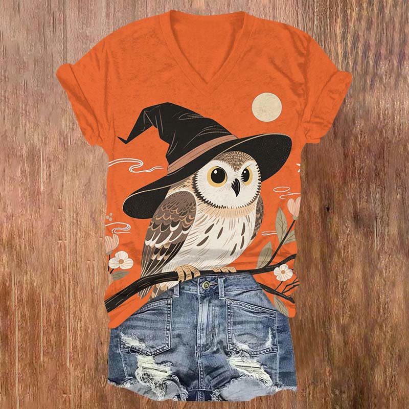 Halloween Wizard Hat Owl & Full Moon Print V-neck T-shirt - Orange - US32-34(5XL) - image 1