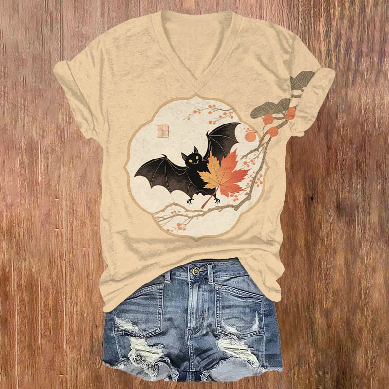 Halloween Bat On Maple Tree Branch Print V-neck T-shirt - Apricot - US32-34(5XL) - image 1