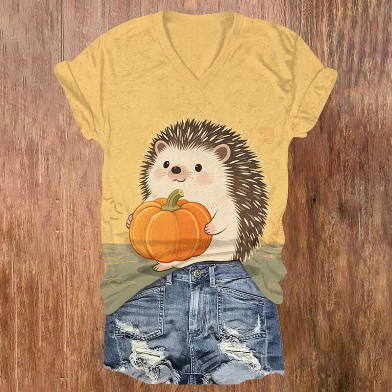 Halloween Hedgehog Holding Pumpkin Art Print V-neck T-shirt - Yellow - US32-34(5XL) - image 1