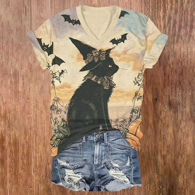 Halloween Dusk Queen Black Cat & Bat Print V-neck T-shirt - Black - US32-34(5XL) - image 1