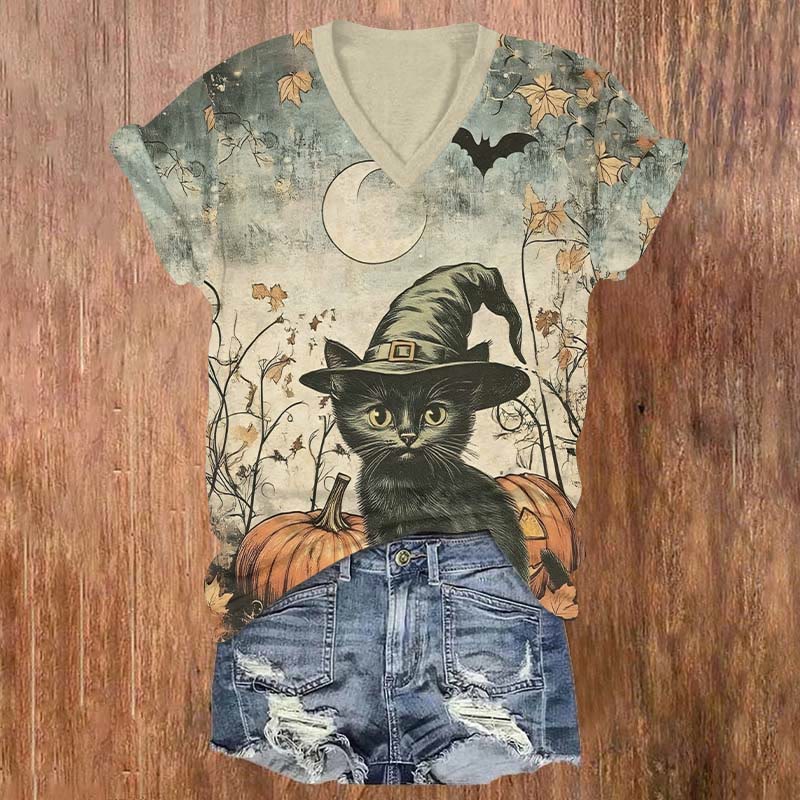 Halloween Pumpkin Cat & Bat Maple Print V-neck T-shirt - Grey - US32-34(5XL) - image 1