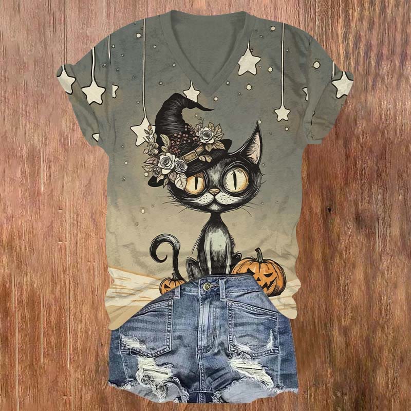Halloween Abstract Floral Wizard Hat Cat Art Print V-neck T-shirt - Grey - US32-34(5XL) - image 1