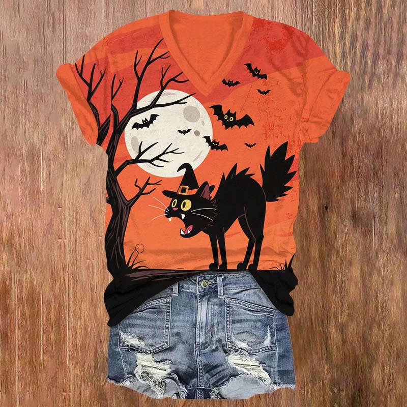 Halloween Screaming Black Cat & Bat Print V-neck T-shirt - Orange - US32-34(5XL) - image 1