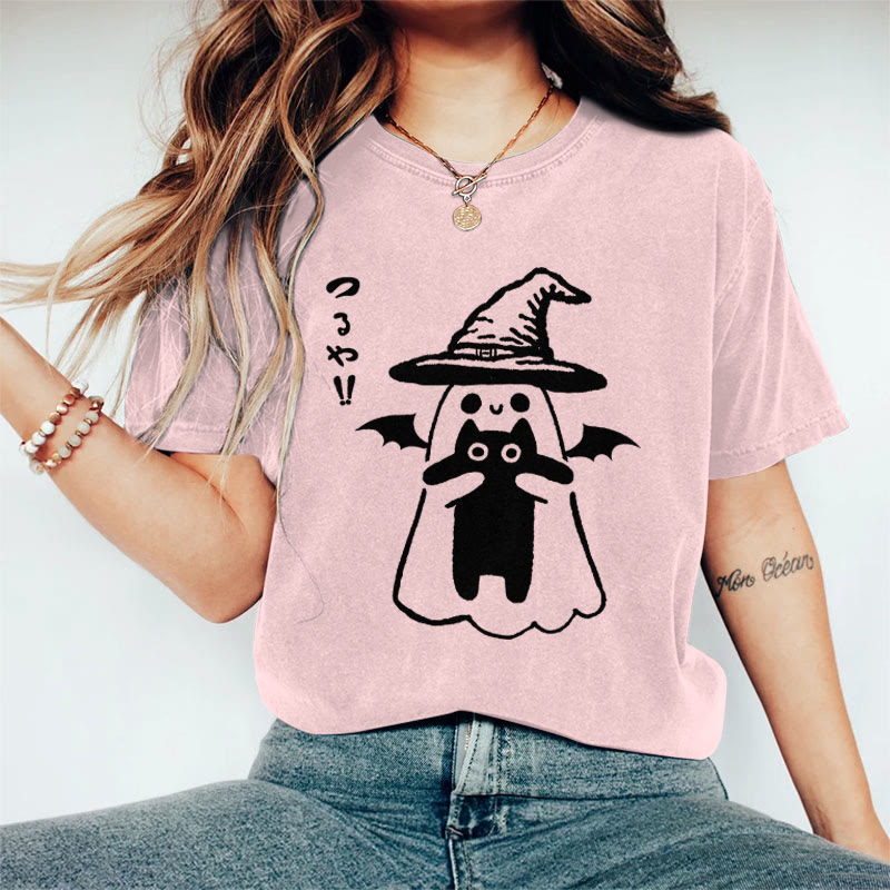 100% Cotton Women's Halloween Ghost Holding Black Cat Art Print Casual T-shirt - Pink - 2XL - image 1