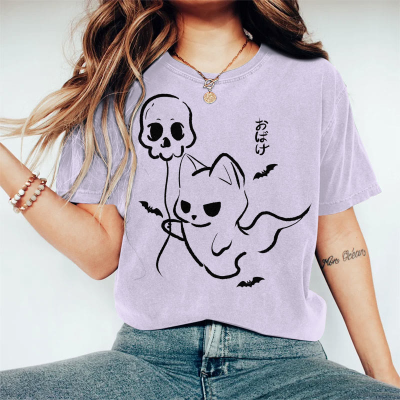 100% Cotton Women's Halloween Cat Holding Ghost Balloon Art Print Casual T-shirt - Purple - 2XL - image 1