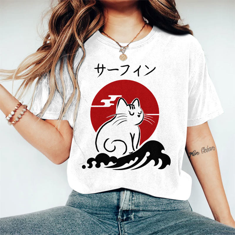 100% Cotton Women's Japanese Sun Angry Cat Art Print Casual T-shirt - White - 2XL - image 1