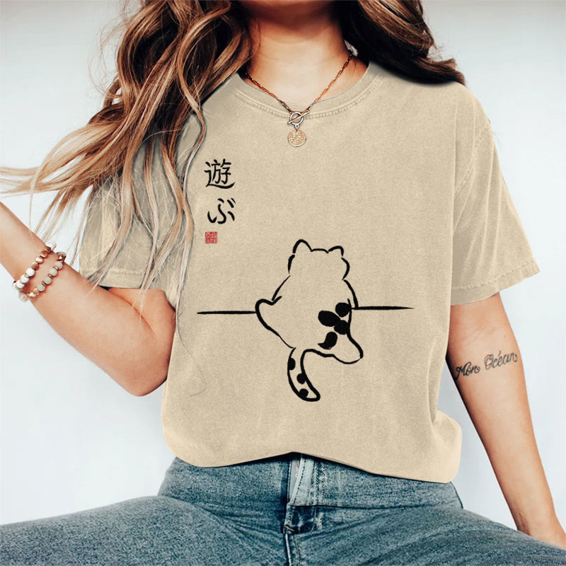 100% Cotton Women's Japanese Ink Watercolor Cat Art Print Casual T-shirt - Khaki - 2XL - image 1