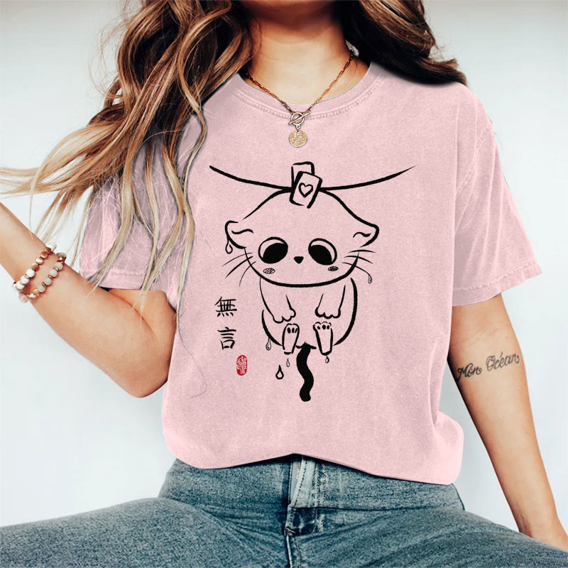 100% Cotton Women's Japanese Poor Cat Hanging On The Line Art Print Casual T-shirt - Pink - 2XL - image 4