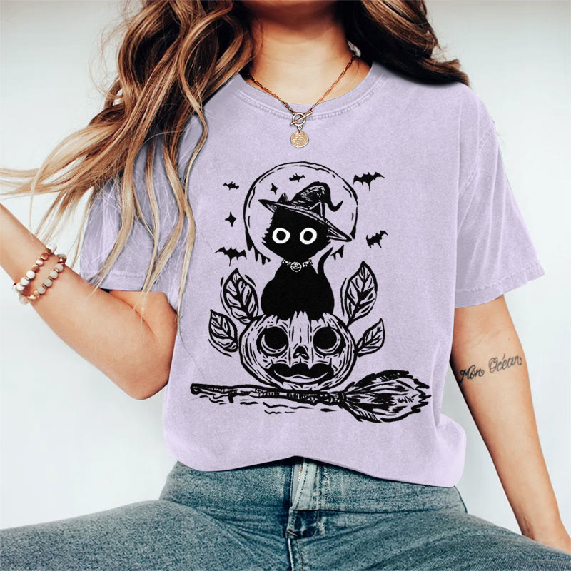 100% Cotton Women's Halloween Ink Watercolor Pumpkin Cat Art Print Casual T-shirt - Purple - 2XL - image 1