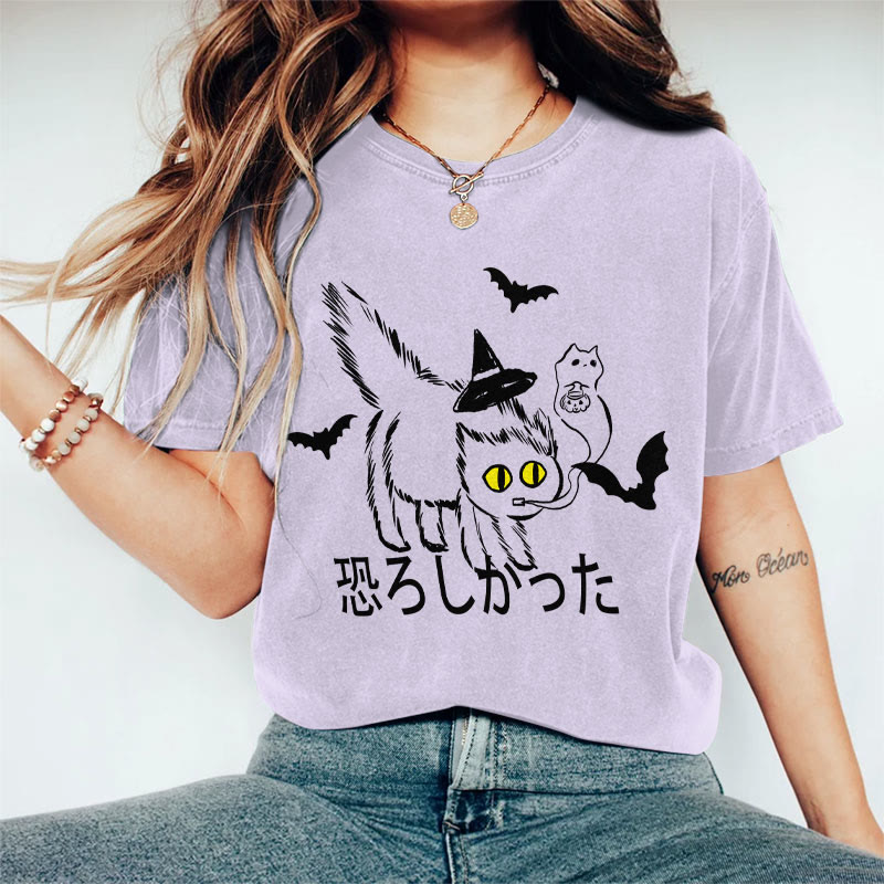 100% Cotton Women's Japanese Halloween Frightened Cat Art Print Casual T-shirt - Purple - 2XL - image 1