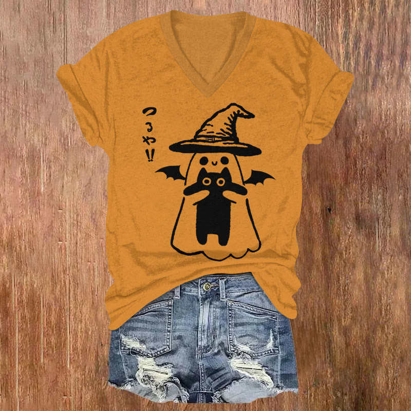 Women's Halloween Ghost Holding Black Cat Art T-shirt - Orange - US32-34(5XL) - image 1