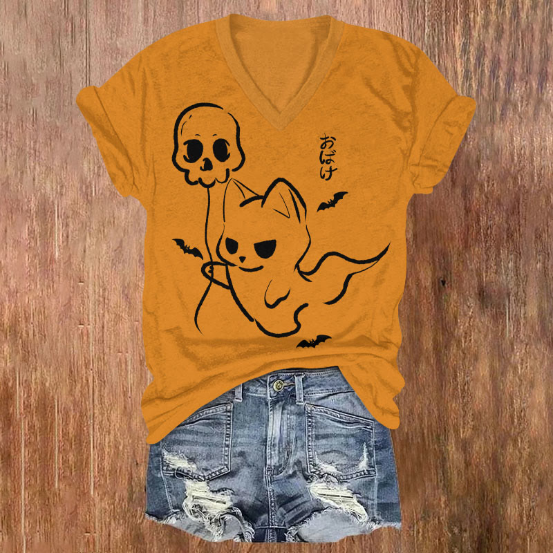 Women's Halloween Cat Holding Ghost Balloon Art T-shirt - Orange - US32-34(5XL) - image 1