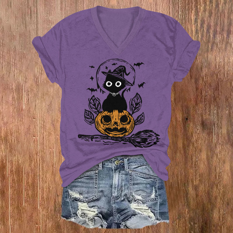 Women's Halloween Ink Watercolor Pumpkin Cat Art T-shirt - Purple - US32-34(5XL) - image 1