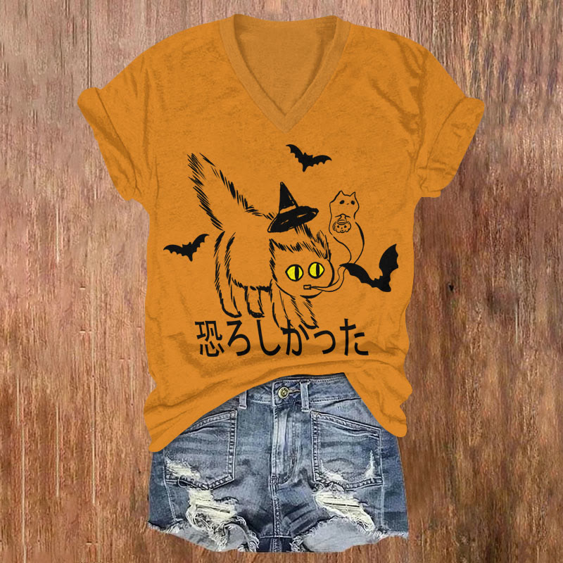 Women's Japanese Halloween Frightened Cat Art T-shirt - Orange - US32-34(5XL) - image 1