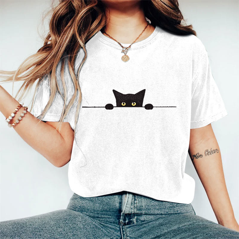 100% Cotton Women's Casual Black Cat Print Casual T-shirt - White - 2XL - image 2
