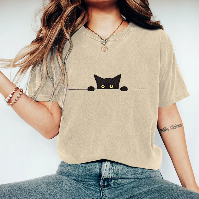 100% Cotton Women's Casual Black Cat Print Casual T-shirt - Khaki - 2XL - image 1