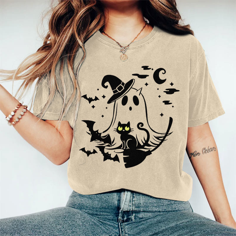 100% Cotton Women's  Halloween Wizard Hat Ghost & Black Cat Art Print Casual T-shirt - Khaki - 2XL - image 3