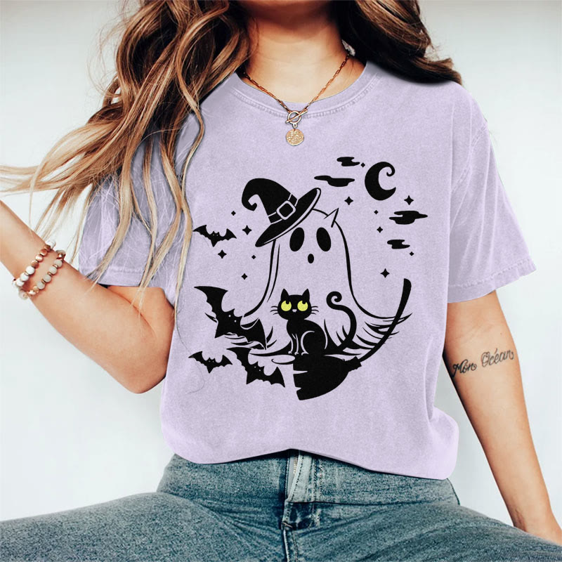 100% Cotton Women's  Halloween Wizard Hat Ghost & Black Cat Art Print Casual T-shirt - Purple - 2XL - image 1
