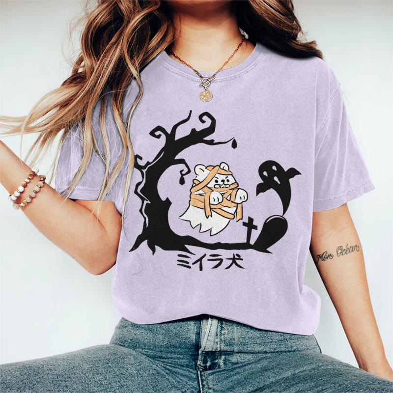 100% Cotton Women's Halloween Tombstone Bandage White Bear Art Print Casual T-shirt - Purple - 2XL - image 2