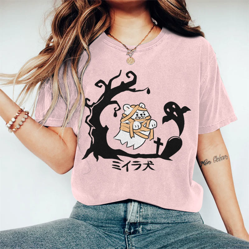 100% Cotton Women's Halloween Tombstone Bandage White Bear Art Print Casual T-shirt - Pink - 2XL - image 1