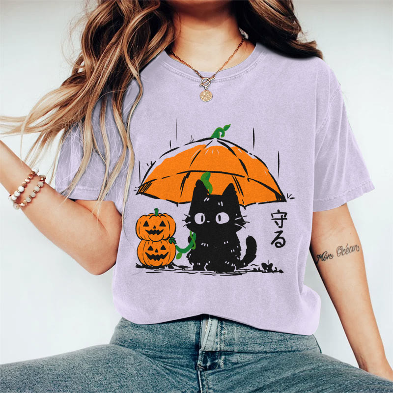 100% Cotton Women's Halloween Black Cat Holding Pumpkin Umbrella Art Print Casual T-shirt - Purple - 2XL - image 1