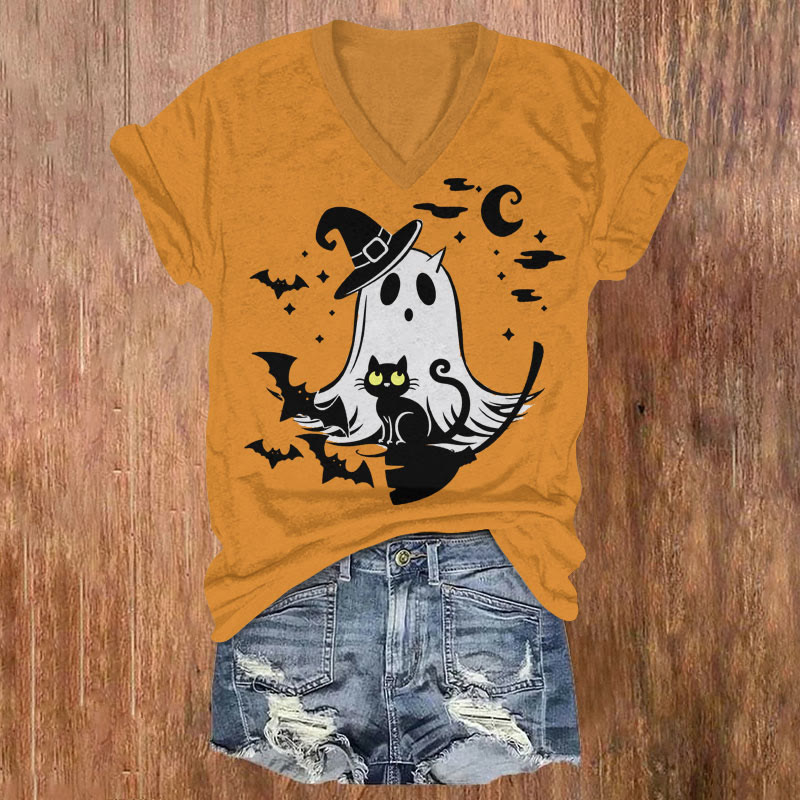 Women's Halloween Wizard Hat Ghost & Black Cat Art T-shirt - Orange - US32-34(5XL) - image 1
