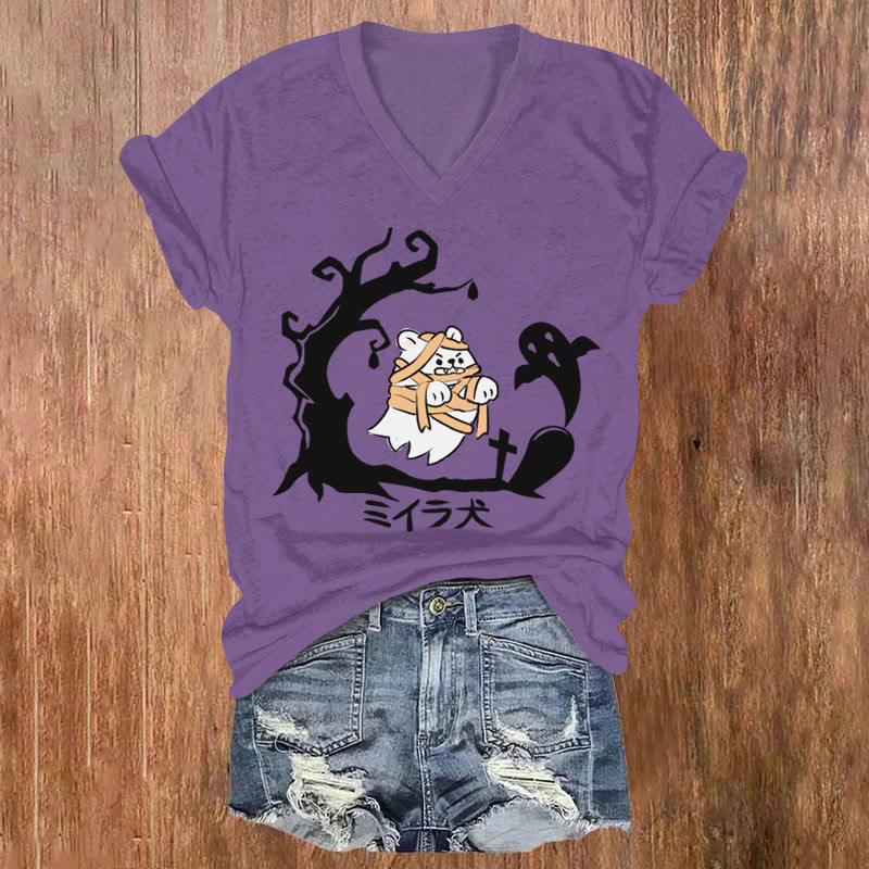 Women's Halloween Tombstone Bandage White Bear Art T-shirt - Purple - US32-34(5XL) - image 1