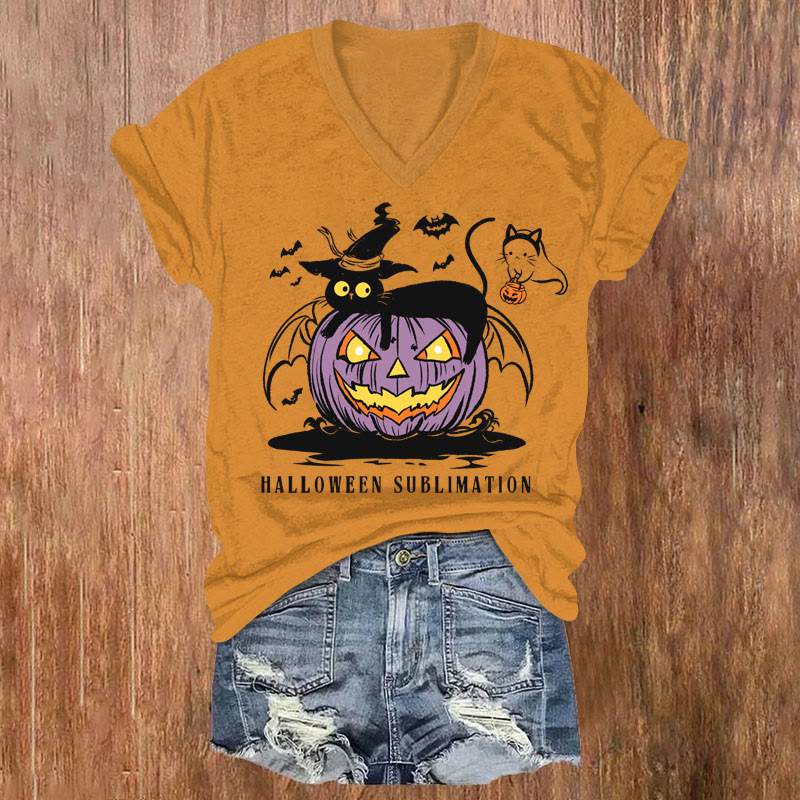 Women's Halloween Wizard Cat Lying On Pumpkin Art T-shirt - Orange - US32-34(5XL) - image 1