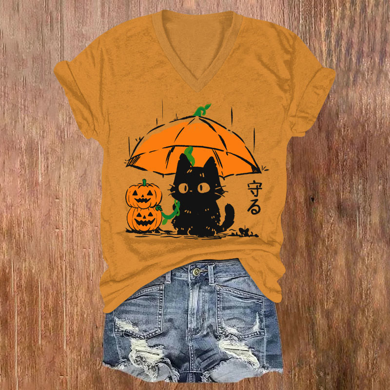 Women's Halloween Black Cat Holding Pumpkin Umbrella Art T-shirt - Orange - US32-34(5XL) - image 1