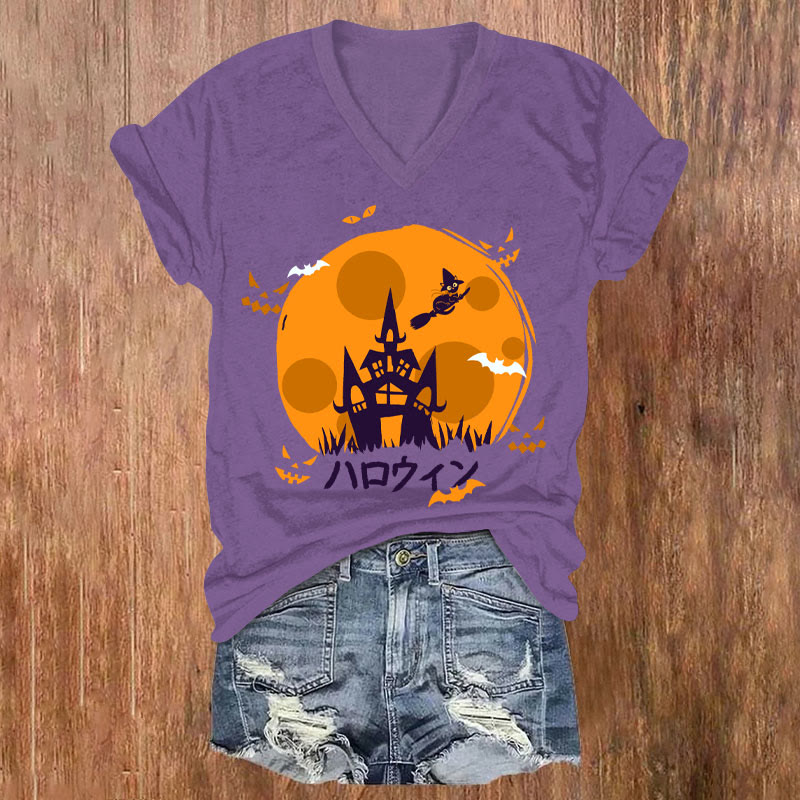  Women's Halloween Magic Pumpkin Castle Art T-shirt - Purple - US32-34(5XL) - image 1