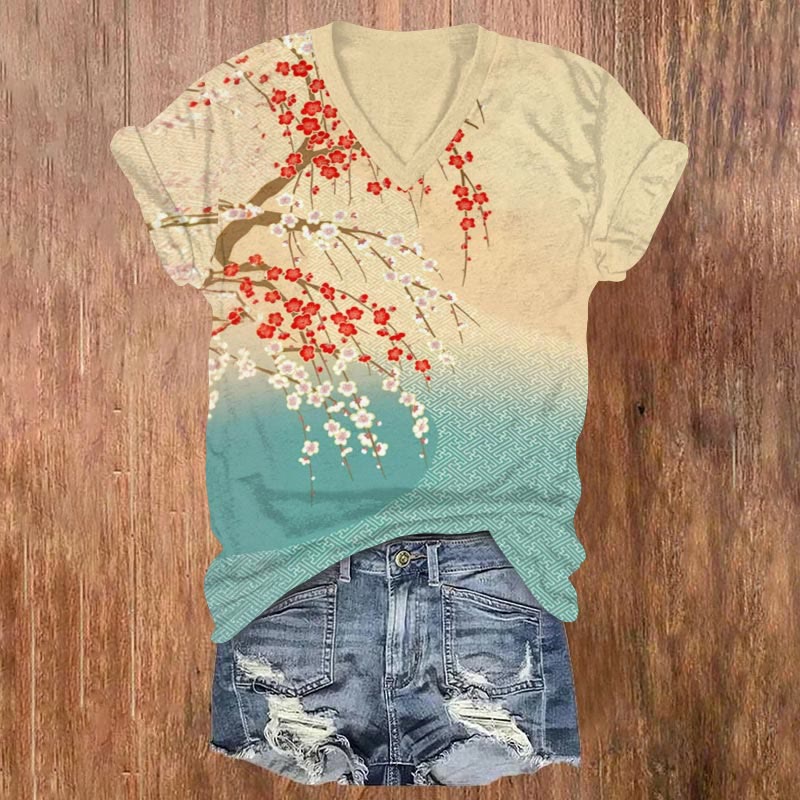 Japanese Retro Ombre Plum Blossom Art Print V-neck T-shirt - Yellow - US32-34(5XL) - image 1