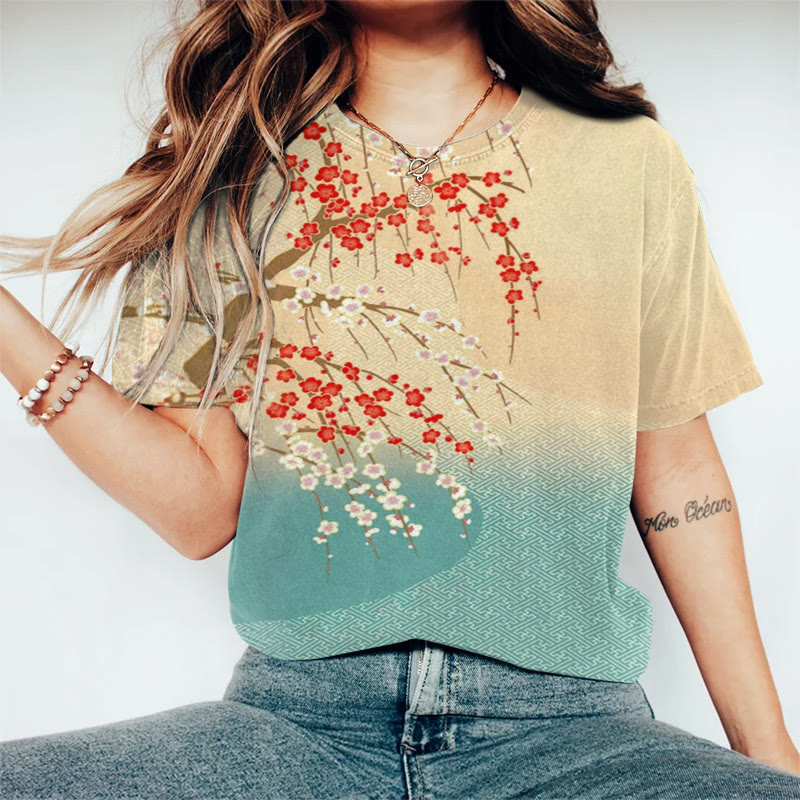 Japanese Retro Ombre Plum Blossom Art Print Casaul T-shirt - Yellow - US44-46(8XL) - image 1