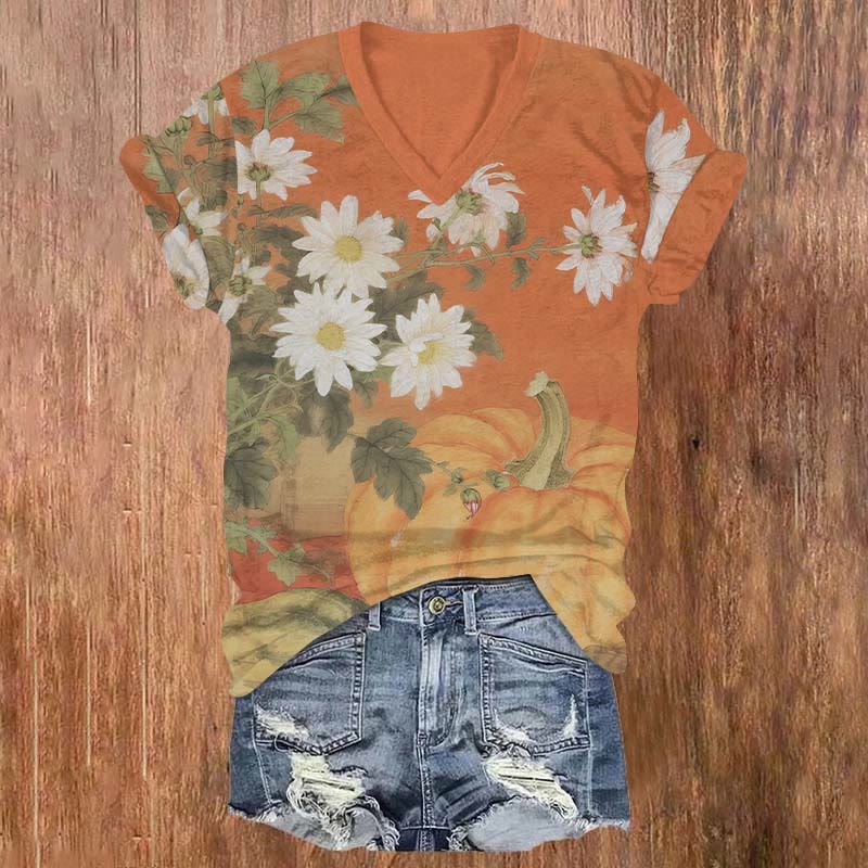  Japanese Floral Pumpkin Halloween Print V-neck T-shirt - Orange - US32-34(5XL) - image 1
