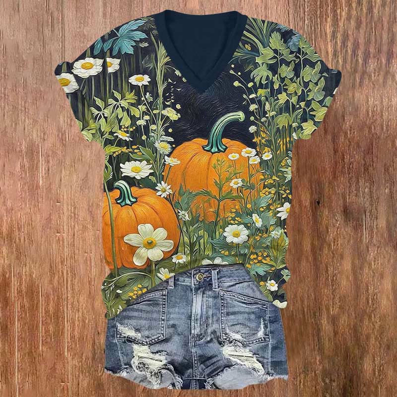 Halloween Pumpkin Flowers Print V-neck T-shirt - Black - US32-34(5XL) - image 1