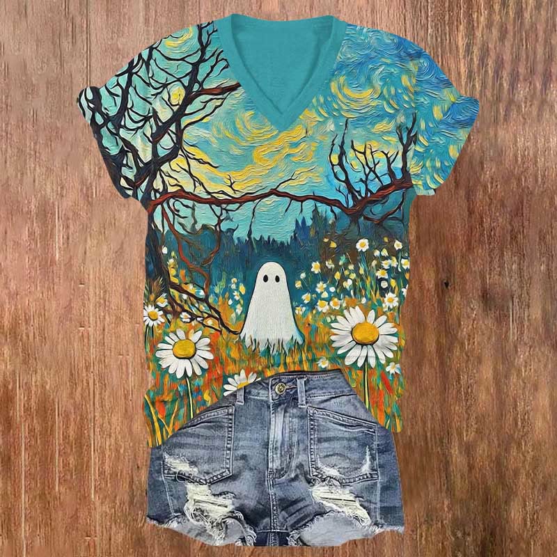 Halloween Ghosts And Flowers Under The Starry Sky Print V-neck T-shirt - Blue - US32-34(5XL) - image 1