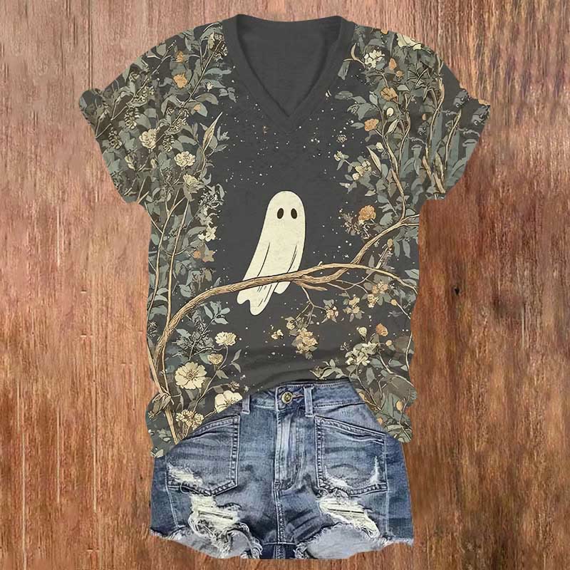Halloween Ghosts Flowers Print V-neck T-shirt - Black - US32-34(5XL) - image 1