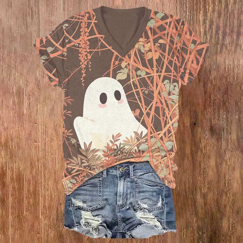 Cute Ghost In Autumn Vines Hallowee Print V-neck T-shirt - Khaki - US32-34(5XL) - image 1