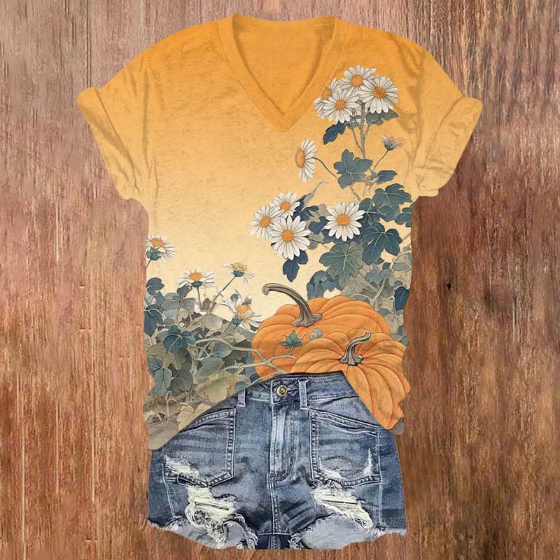 Ombre Halloween Pumpkin Floral Print V-neck T-shirt - Orange - US32-34(5XL) - image 1