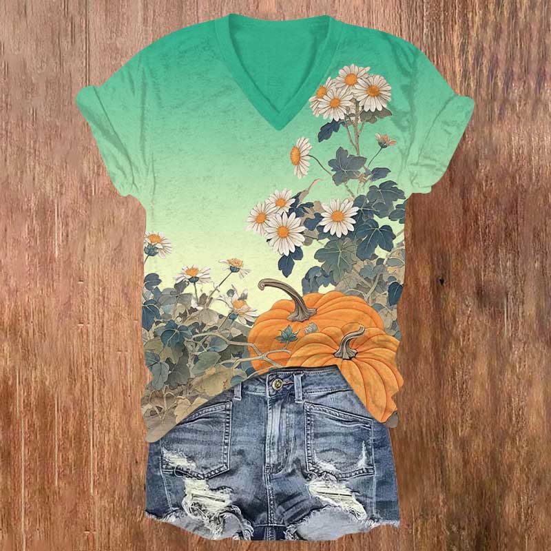 Ombre Halloween Pumpkin Floral Print V-neck T-shirt - Green - US32-34(5XL) - image 3