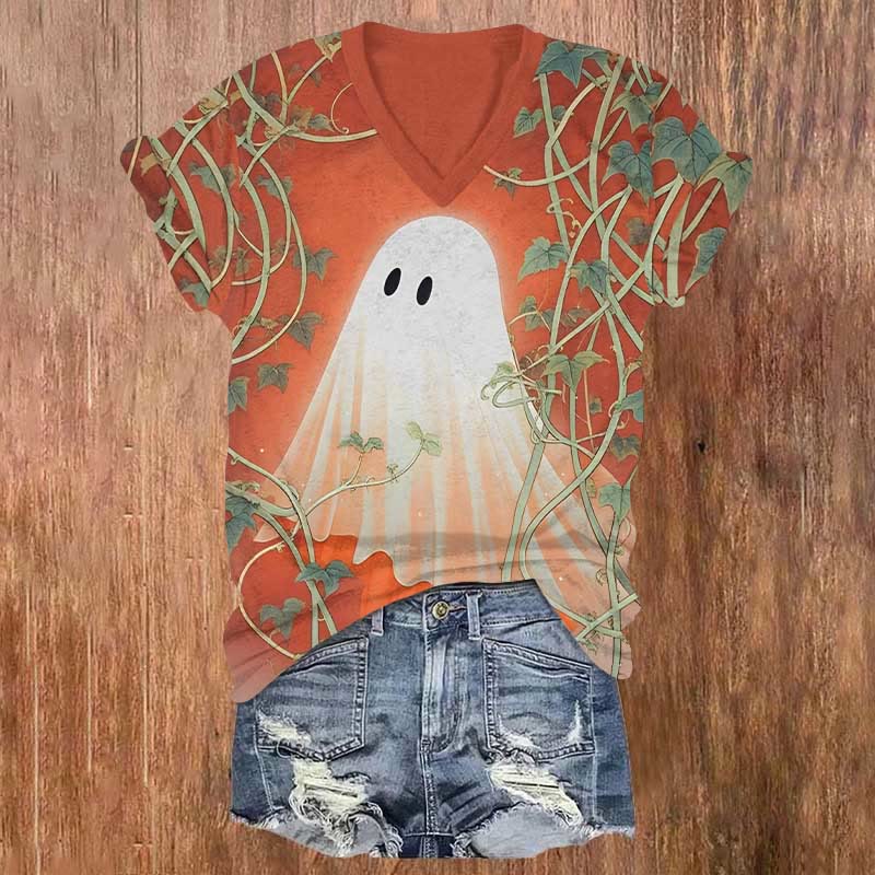 Chic Halloween Kawaii Ghost Hidden In Fall Branches Print V-neck T-shirt - Orange - US32-34(5XL) - image 1
