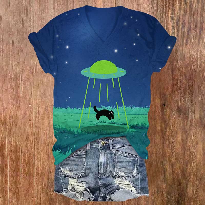 Creative UFO Black On The Grass Print V-neck T-shirt - Blue - US32-34(5XL) - image 1